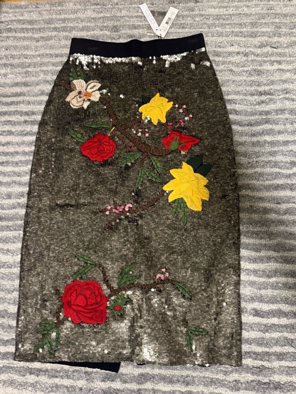 Alice + Olivia Sequin Pencil Skirt with Red & Yellow Floral Appliqués